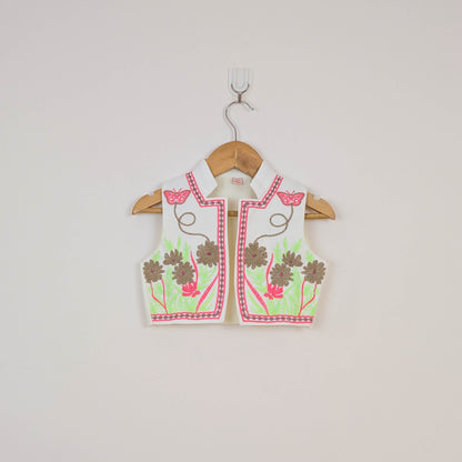 Off-White Folk-Embroidered Dress & Waistcoat Vest Set