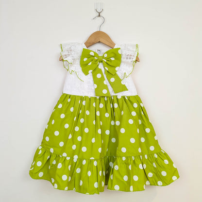 Vibrant Lime Green & White Polka Dot Flutter-Sleeve Dress