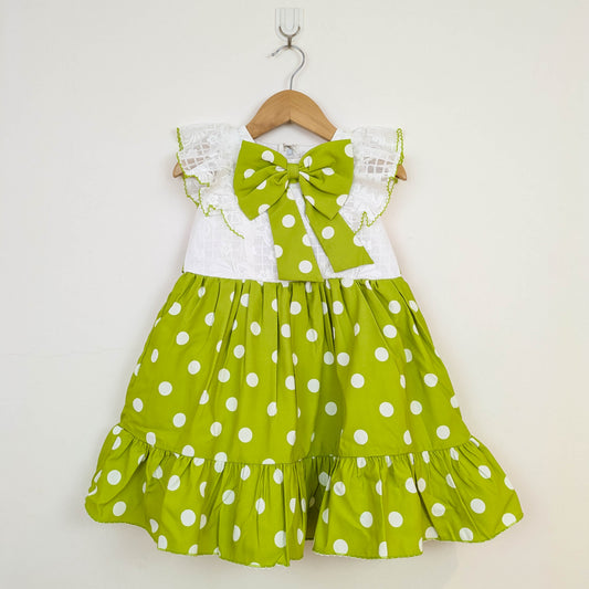 Vibrant Lime Green & White Polka Dot Flutter-Sleeve Dress