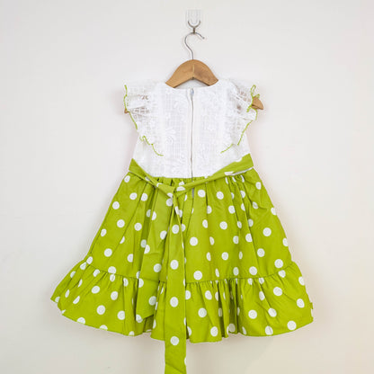 Vibrant Lime Green & White Polka Dot Flutter-Sleeve Dress