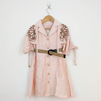 Elegant Blush Peach Sequined Shirt Dress with Woven Belt