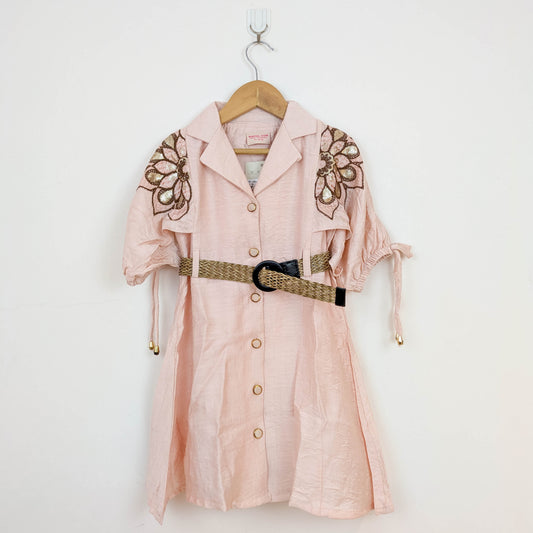 Elegant Blush Peach Sequined Shirt Dress with Woven Belt