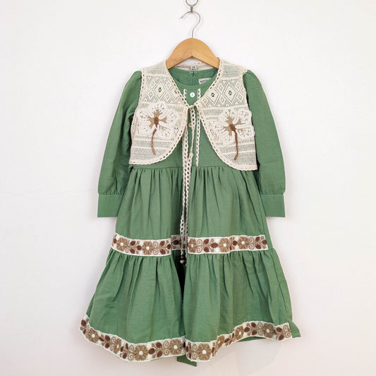 Vintage-Style Sage Green Tiered Dress & Crochet Vest Set