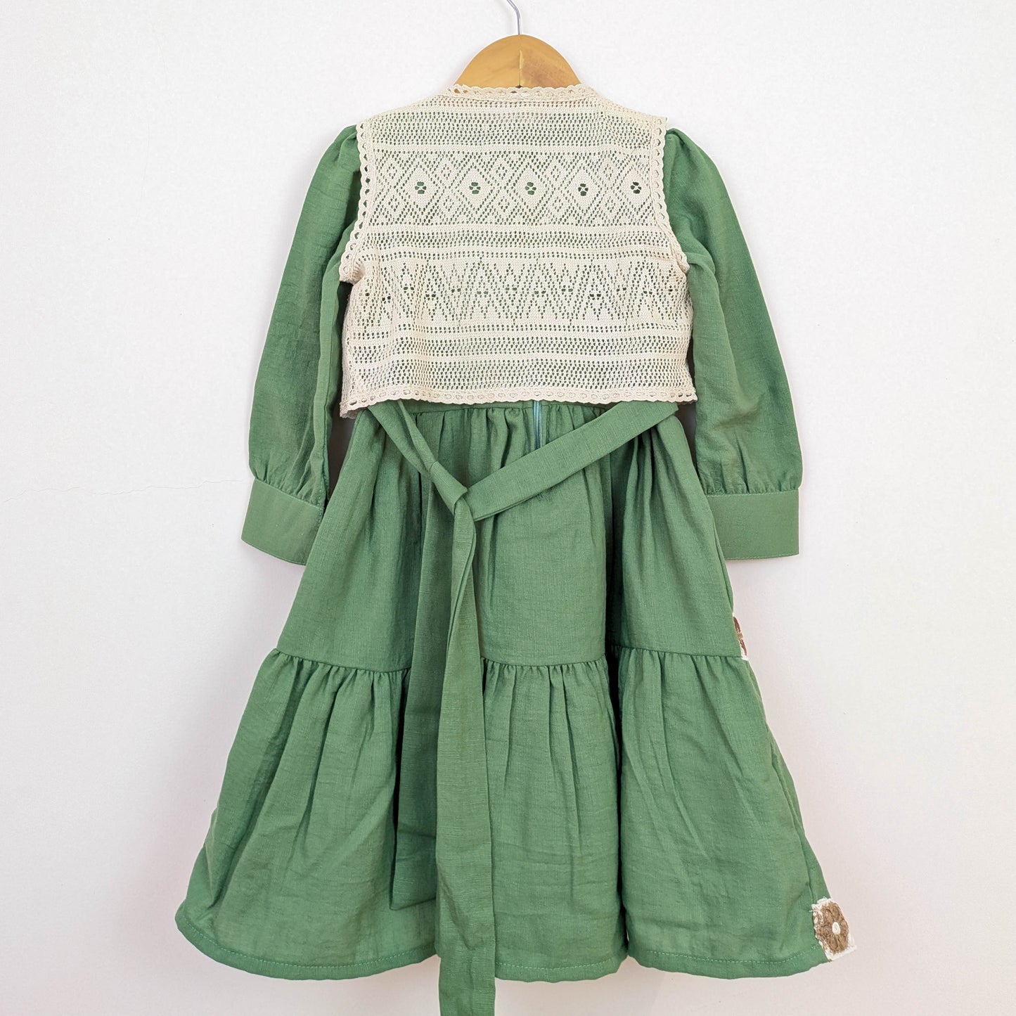 Vintage-Style Sage Green Tiered Dress & Crochet Vest Set