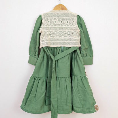 Vintage-Style Sage Green Tiered Dress & Crochet Vest Set