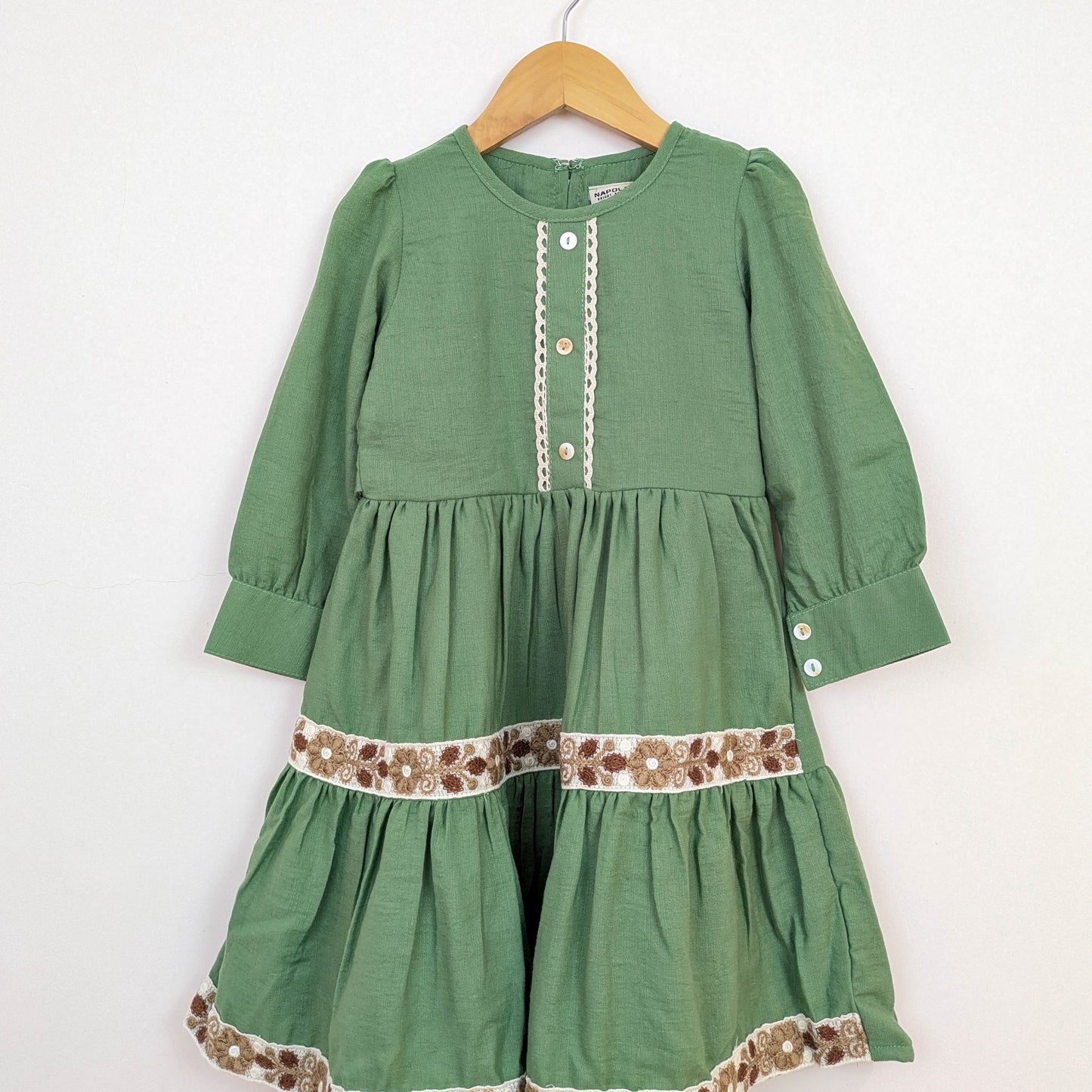 Vintage-Style Sage Green Tiered Dress & Crochet Vest Set