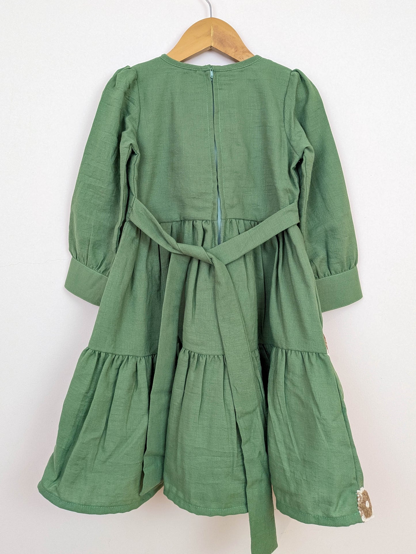 Vintage-Style Sage Green Tiered Dress & Crochet Vest Set