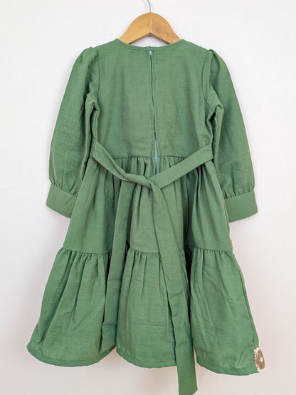 Vintage-Style Sage Green Tiered Dress & Crochet Vest Set