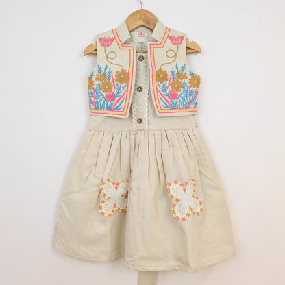 Beige Folk-Embroidered Dress & Waistcoat Vest Set