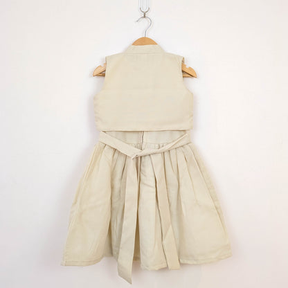 Beige Folk-Embroidered Dress & Waistcoat Vest Set