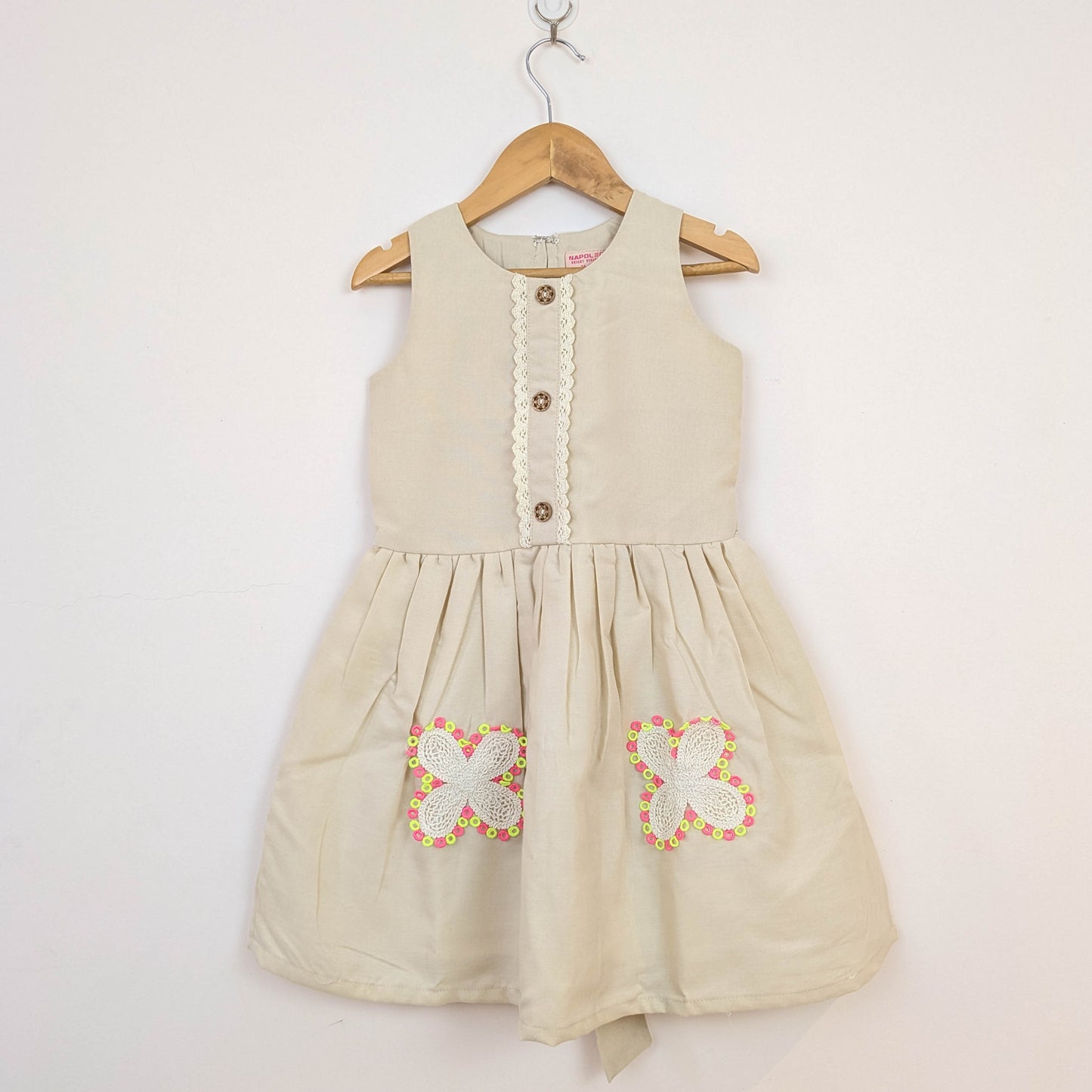 Beige Folk-Embroidered Dress & Waistcoat Vest Set