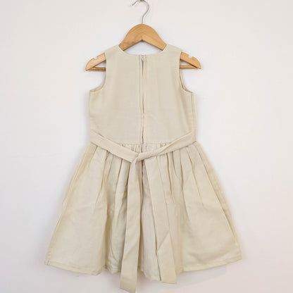 Beige Folk-Embroidered Dress & Waistcoat Vest Set