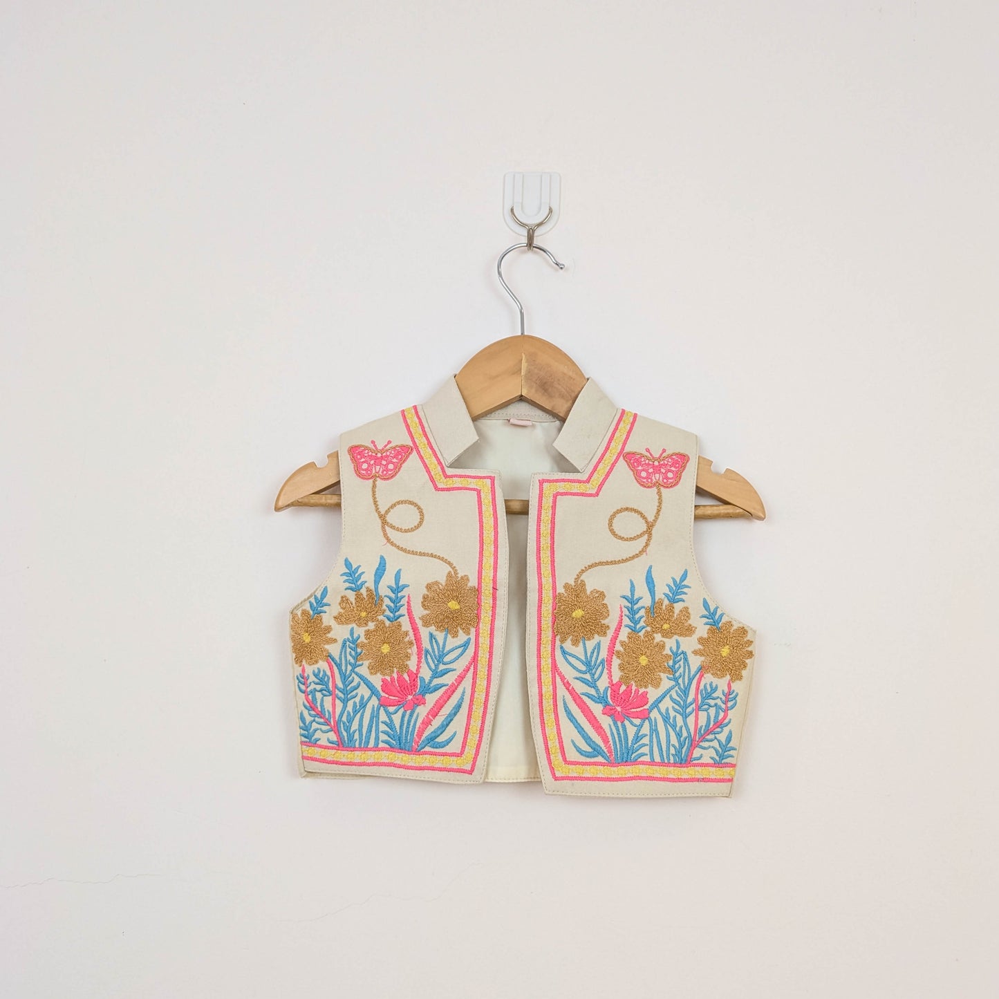 Beige Folk-Embroidered Dress & Waistcoat Vest Set