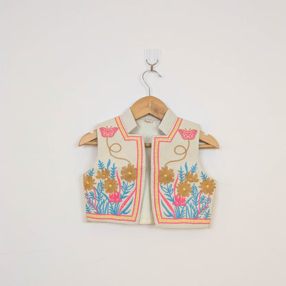 Beige Folk-Embroidered Dress & Waistcoat Vest Set
