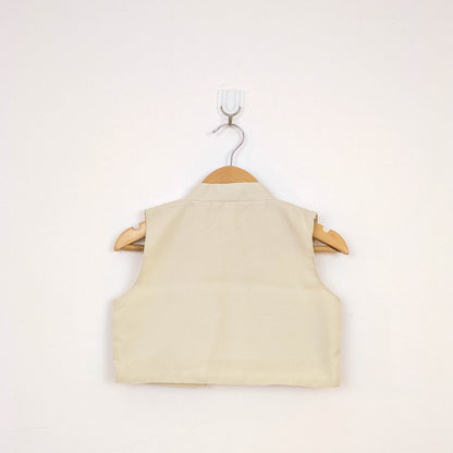 Beige Folk-Embroidered Dress & Waistcoat Vest Set