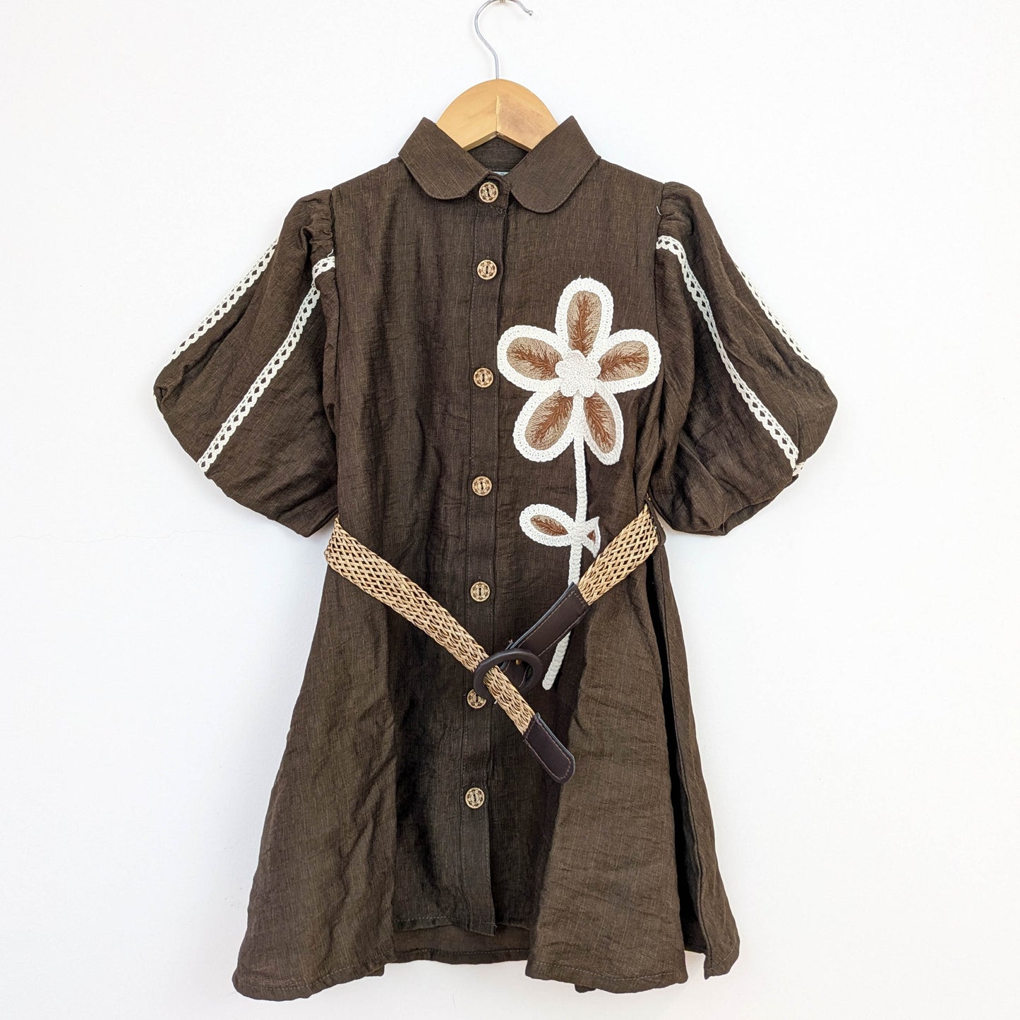 Brown Floral Appliqué Shirt Dress