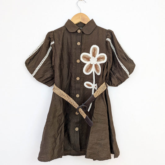 Brown Floral Appliqué Shirt Dress