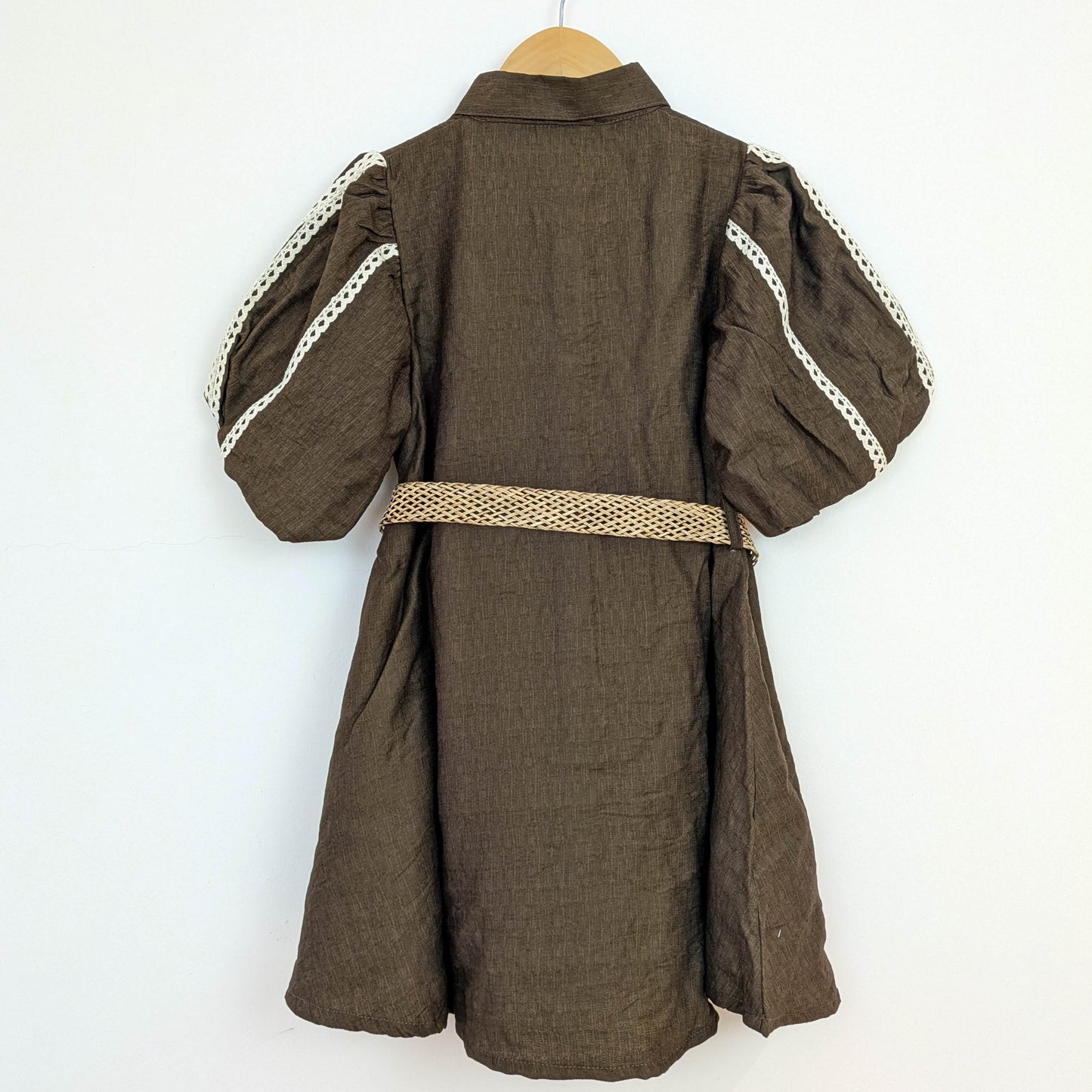 Brown Floral Appliqué Shirt Dress