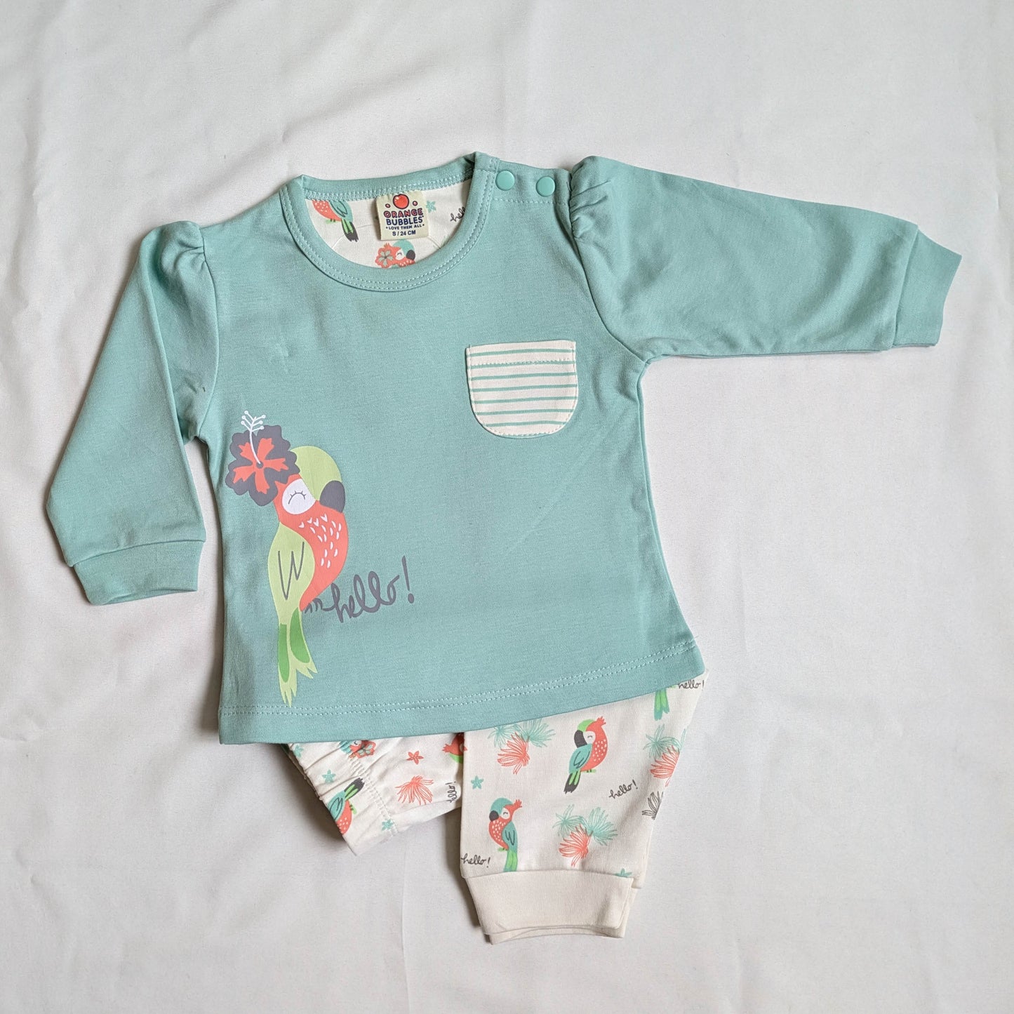 Parrot Print Mint Top & Tropical Pants Set