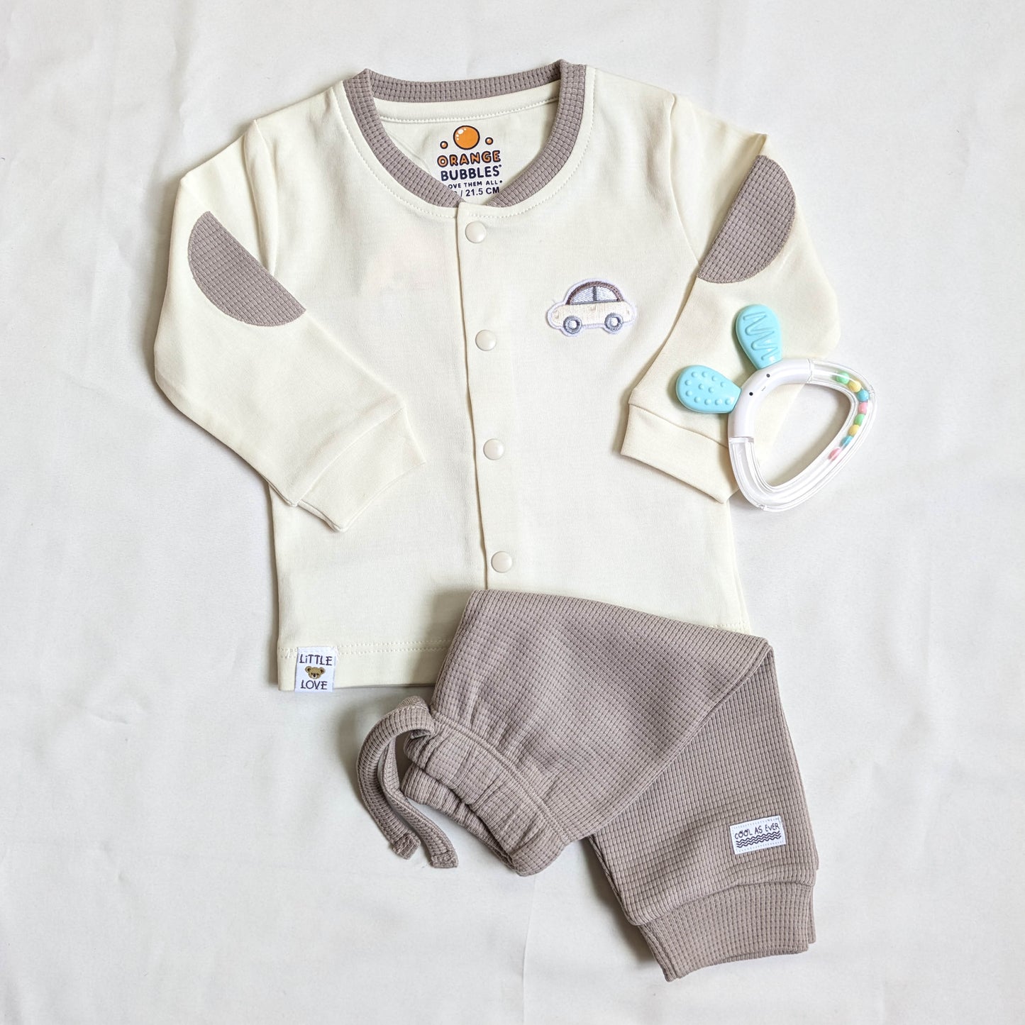 Car Patch Elbow-Accent Top & Mocha Waffle Pants Set