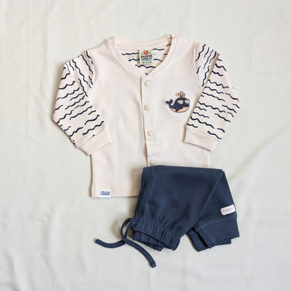 Whale Print Front-Button Top & Dark Blue Waffle Pants Set