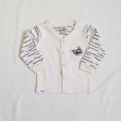 Whale Print Front-Button Top & Dark Blue Waffle Pants Set