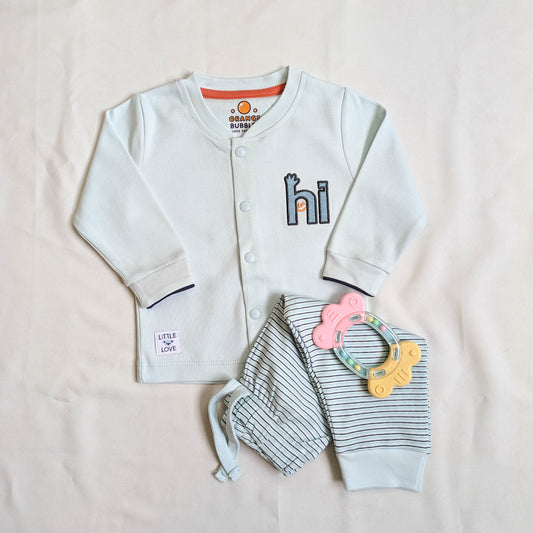 "Hi" Embroidered Top & Striped Trousers Set