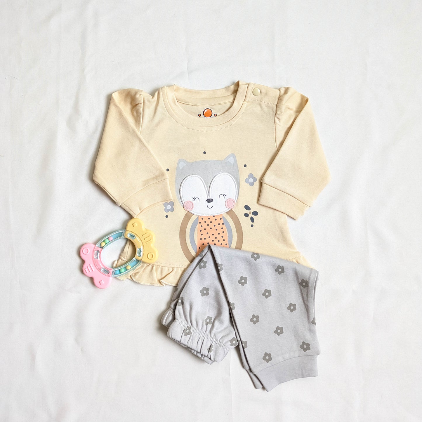 Cute Owl Print Top & Floral Pants Set