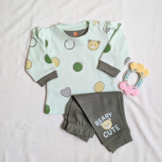 "Beary Cute" Printed Top & Olive Pants Set