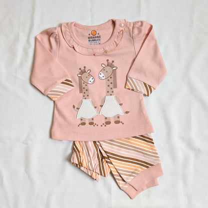 Giraffe Graphic Ruffle Top & Diagonal Striped Pants Set
