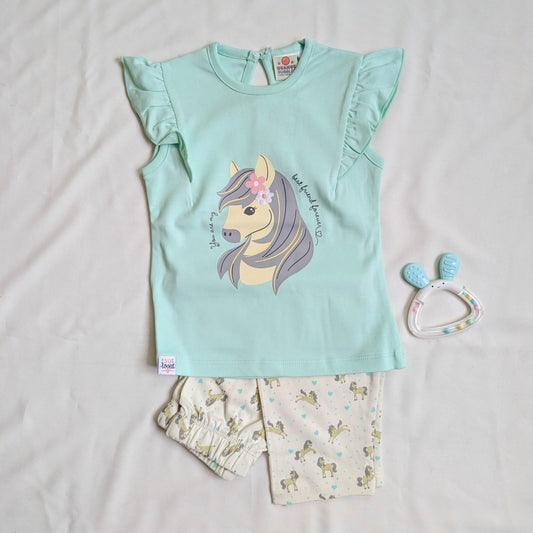 Pony Graphic Ruffle Top & Printed Leggings Set