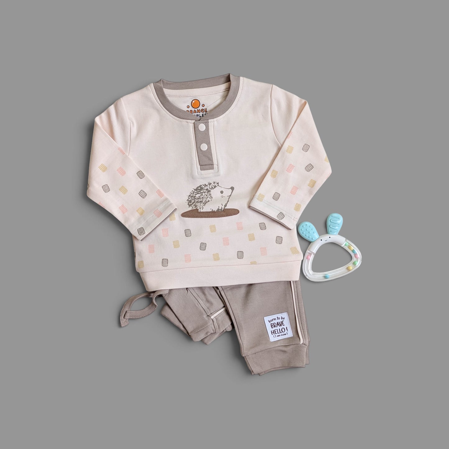 Unisex Baby Light Pink Hedgehog Henley Top & Taupe Trousers Set