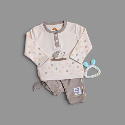 Unisex Baby Light Pink Hedgehog Henley Top & Taupe Trousers Set