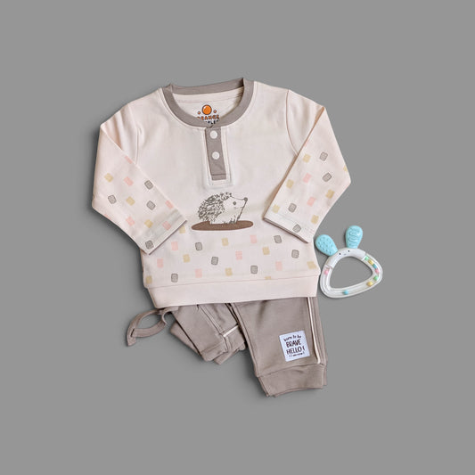 Unisex Baby Light Pink Hedgehog Henley Top & Taupe Trousers Set