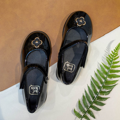 Classic Black Patent Mary Jane Dress Shoes with Gold Floral Accent