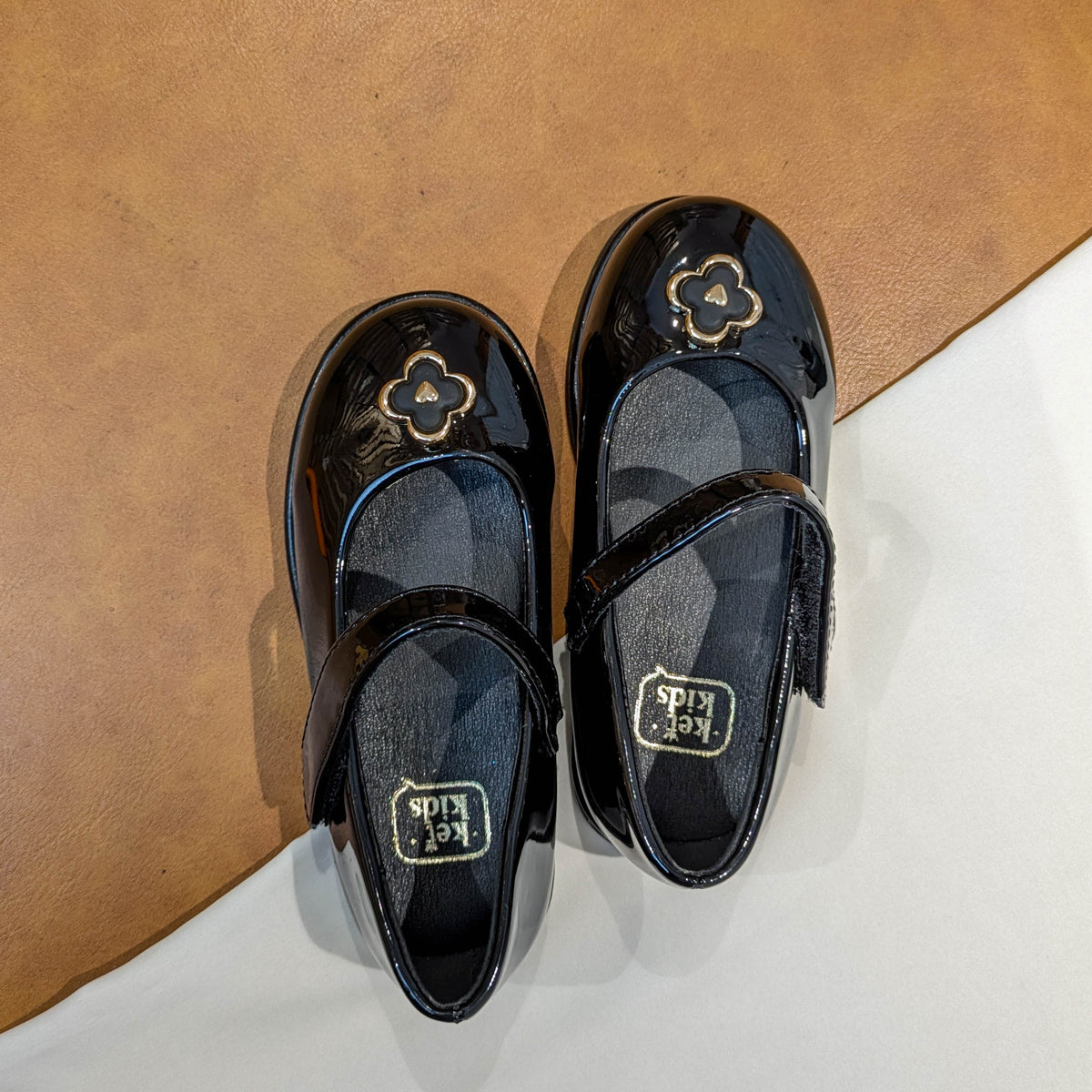Classic Black Patent Mary Jane Dress Shoes with Gold Floral Accent