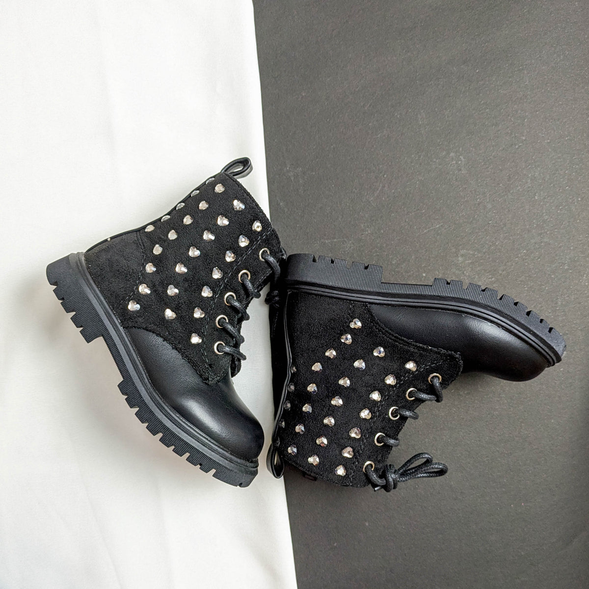 Girls Suede & Leather Heart Stud Side-Zip Ankle Boots