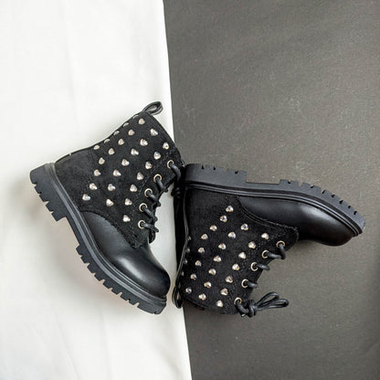 Girls Suede & Leather Heart Stud Side-Zip Ankle Boots