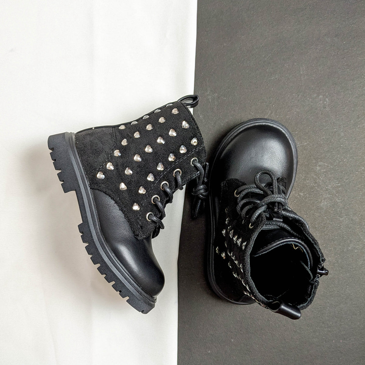 Girls Suede & Leather Heart Stud Side-Zip Ankle Boots