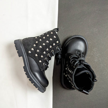 Girls Suede & Leather Heart Stud Side-Zip Ankle Boots