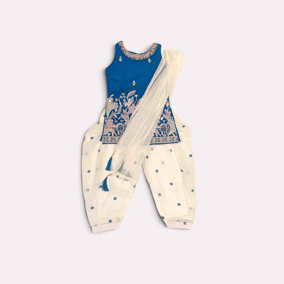 Girls Ethnic Floral Embroidered Kurti & Dhoti Set with Dupatta