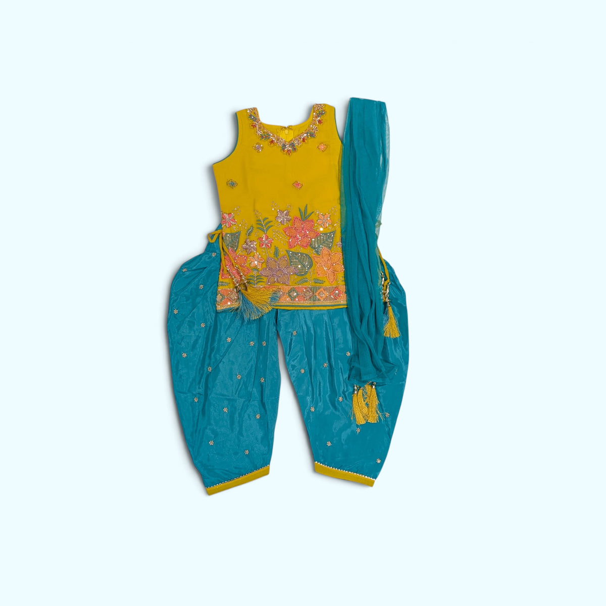 Girls' Ethnic Floral Embroidered Kurti & Dhoti Set with Dupatta