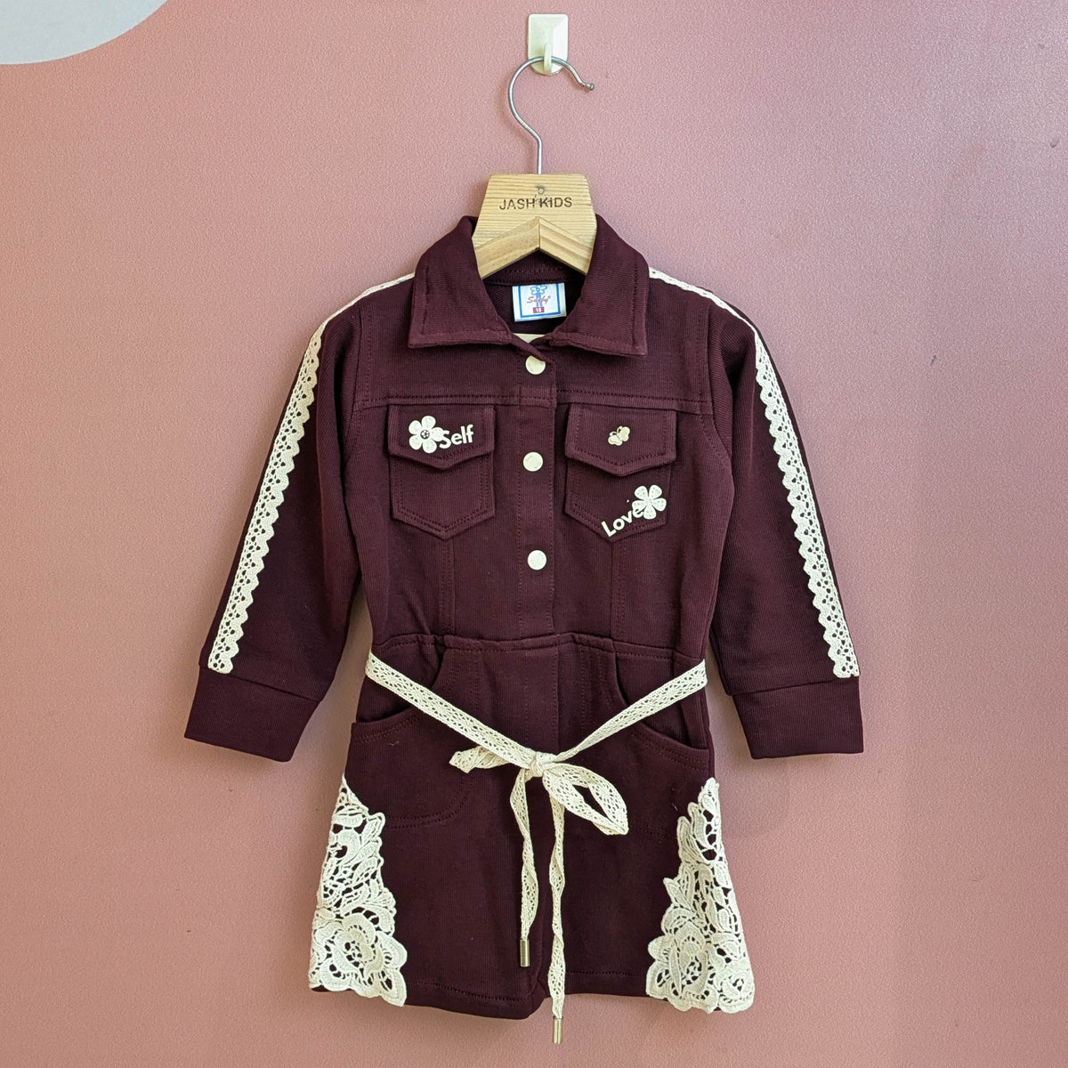 Girls' Maroon Lace-Trimmed Shirt Dress with Belt & Floral Appliques