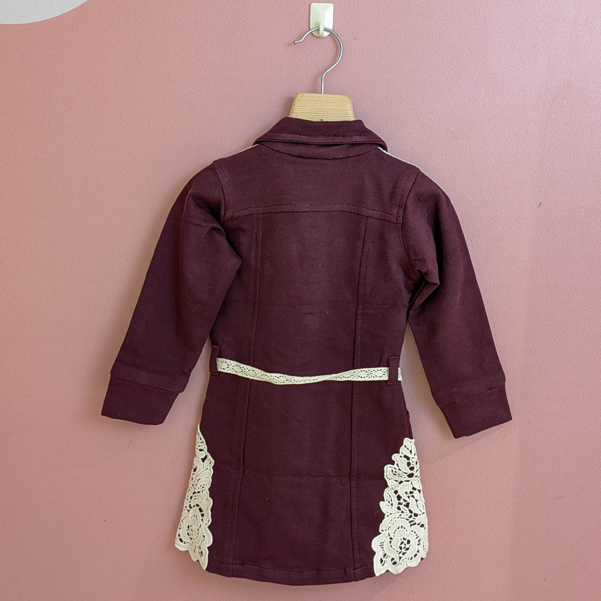 Girls' Maroon Lace-Trimmed Shirt Dress with Belt & Floral Appliques