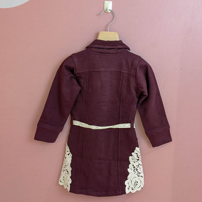Girls' Maroon Lace-Trimmed Shirt Dress with Belt & Floral Appliques
