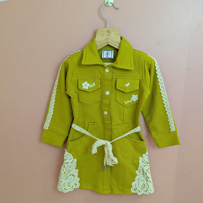 Girls Olive Green Long-Sleeve Jacket Dress with Lace Trim & Tie Belt