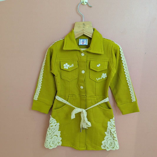 Girls Olive Green Long-Sleeve Jacket Dress with Lace Trim & Tie Belt