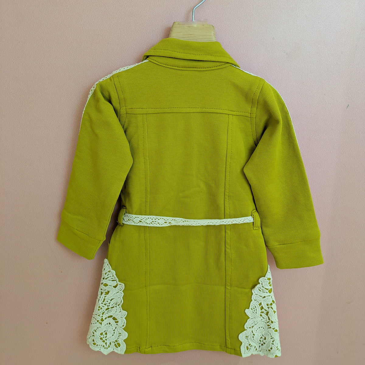 Girls Olive Green Long-Sleeve Jacket Dress with Lace Trim & Tie Belt