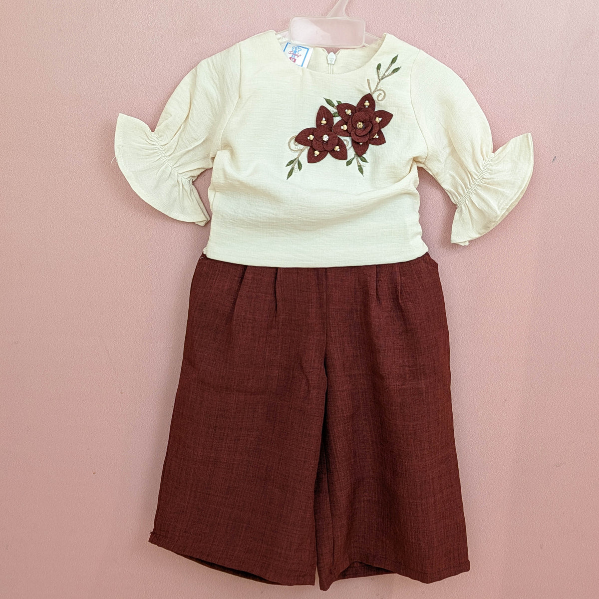 Girls Floral Appliqué Top & Wide-Leg Pants Set (Cream & Rust Brown)