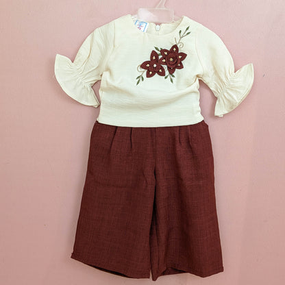 Girls Floral Appliqué Top & Wide-Leg Pants Set (Cream & Rust Brown)